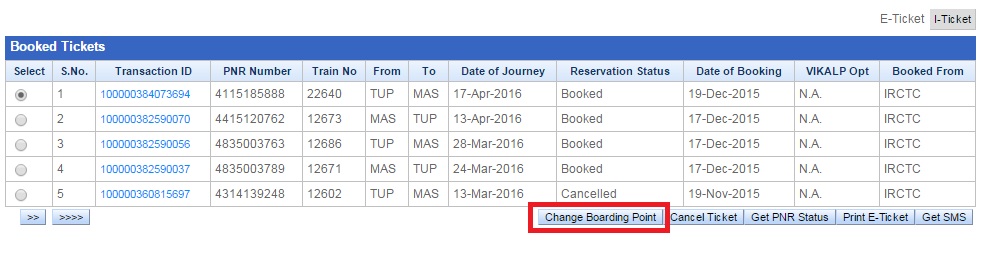 Select the train that you want to change boarding Point Online