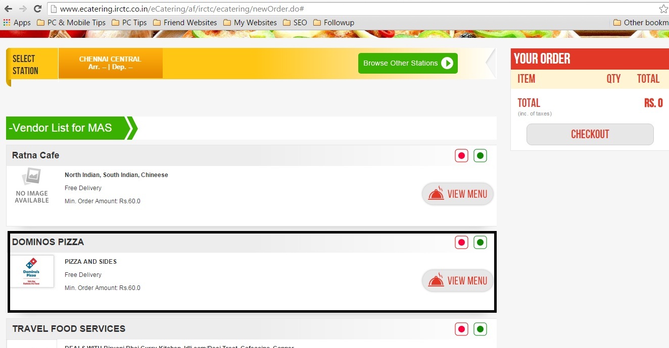 Domino's Pizza Order on IRCTC e-catering